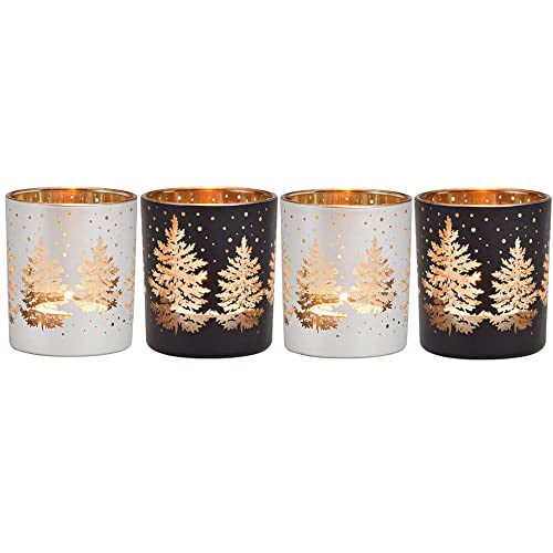 Windlichter für Teelichter aus Glas | 4 Teelichtgläser für den Adventskranz | Teelichthalter Set Weihnachtsdeko Winterdeko (Gemischt Tannenbaum) von Goldschmidt