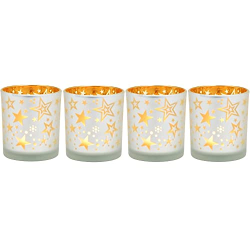 Windlichter für Teelichter aus Glas | 4 Teelichtgläser für den Adventskranz | Teelichthalter Set Weihnachtsdeko Winterdeko (Sterne weiß) von Goldschmidt