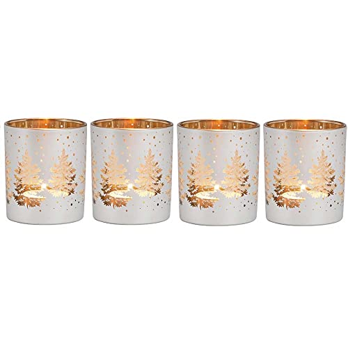 Windlichter für Teelichter aus Glas | 4 Teelichtgläser für den Adventskranz | Teelichthalter Set Weihnachtsdeko Winterdeko (Tannenbaum weiß) von Goldschmidt