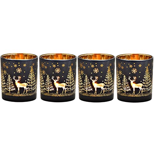 Windlichter für Teelichter aus Glas | 4 Teelichtgläser für den Adventskranz | Teelichthalter Set Weihnachtsdeko Winterdeko (Winterwald schwarz) von Goldschmidt