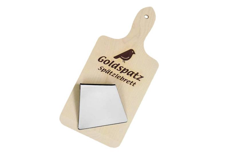 Goldspatz Spätzlereibe Goldspatz Spätzlebrett mit Spätzleschaber, Edelstahl, Goldspatz Spätzlebrett mit Spätzleschaber, Edelstahl, (Kochset, Küchenset, Spätzleset, Schaber mit oder ohne Gravur erhältlich), Traditionelles Spätzlebrett mit Edelstahlschaber und Rezept von Goldspatz