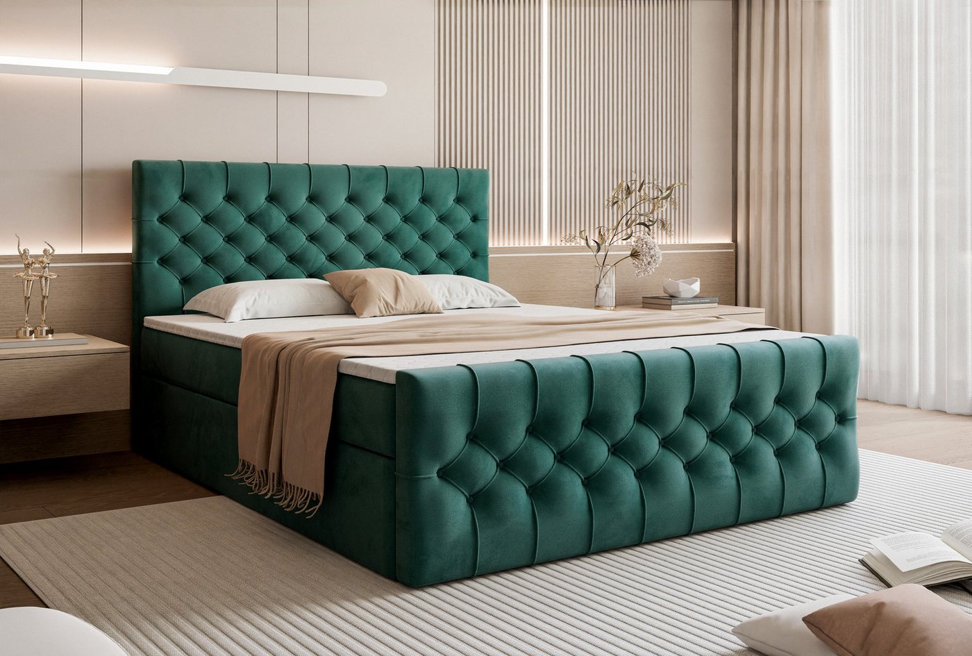Goldstoff Boxspringbett TAURIEL mit Zwei Bettkasten (Federkernmatratze & Topper 5 cm), Doppelbett mit Kopfteil von Goldstoff