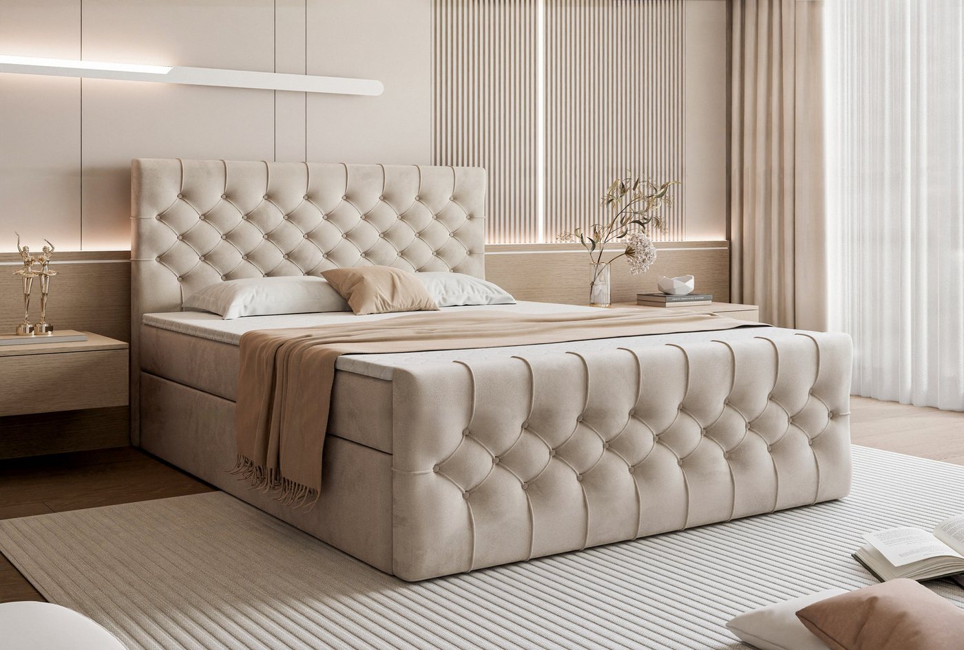 Goldstoff Boxspringbett TAURIEL mit Zwei Bettkasten (Federkernmatratze & Topper 5 cm), Doppelbett mit Kopfteil von Goldstoff
