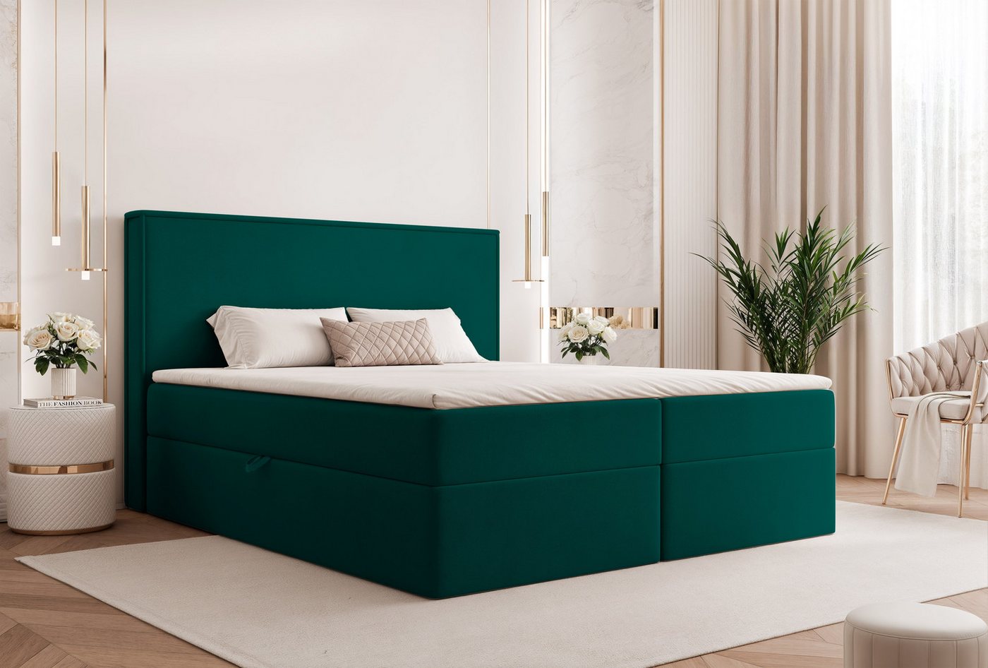 Goldstoff Boxspringbett Modernes Komfortbett mit Stauraum & stilvollem Kopfteil von Goldstoff