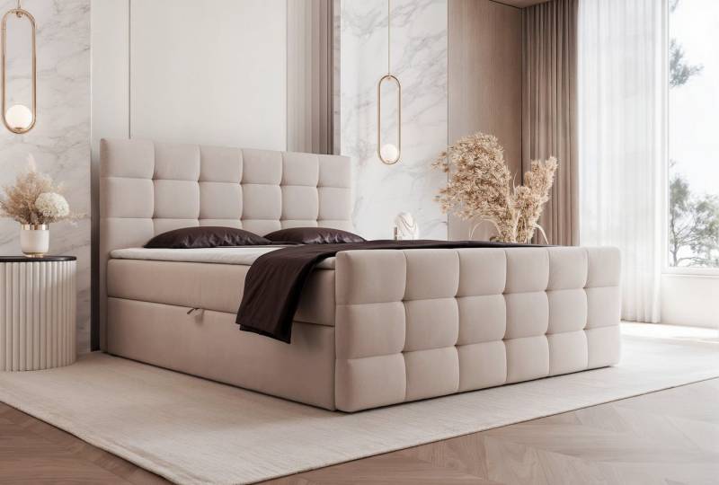 Goldstoff Boxspringbett mit Stauraum und Kopfteil (mit Bonell Matratze und Topper, Größen, 120x200 1400x200 160x200 180x200 200x200cm), Komfortables Polsterbett mit Stauraum und elegantem Kopfteil von Goldstoff
