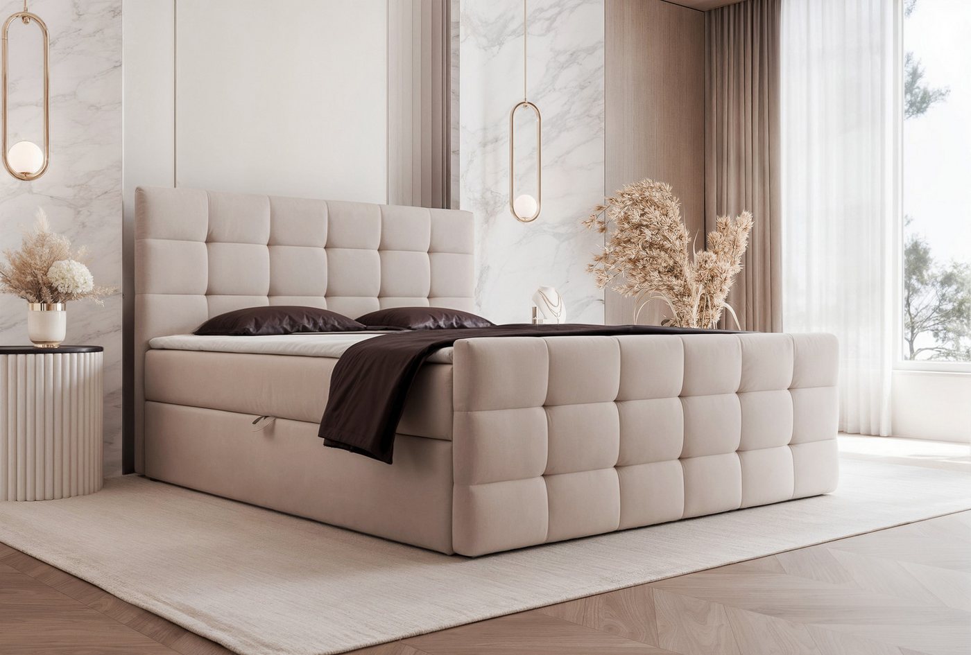 Goldstoff Boxspringbett mit Stauraum und Kopfteil (mit Bonell Matratze und Topper, Größen, 120x200 1400x200 160x200 180x200 200x200cm), Komfortables Polsterbett mit Stauraum und elegantem Kopfteil von Goldstoff