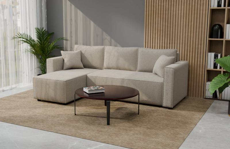 Goldstoff Ecksofa Cord Ecksofa mit Schlaffunktion & Bettkasten, – modernes Ecksofa klein, Eckcouch, Cordstoff / Cordbezug von Goldstoff