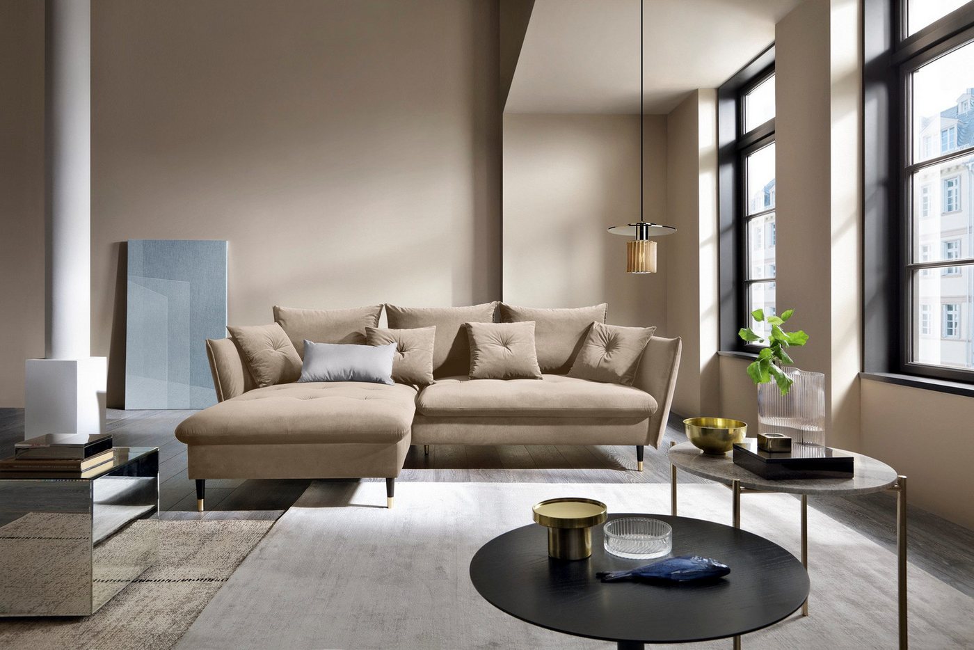 Goldstoff Ecksofa mit Schlaffunktion und Bettkasten, L-Form Schlafcouch, Schlafsofa, Sofa mit Bettfunktion, Inklusive Deko- und Rückenkissen Goldstoff Ecksofa mit Schlaffunktion und Bettkasten, L-Form Schlafcouch, Schlafsofa, Sofa mit Bettfunktion, Inklusive Deko- und Rückenkissen von Goldstoff