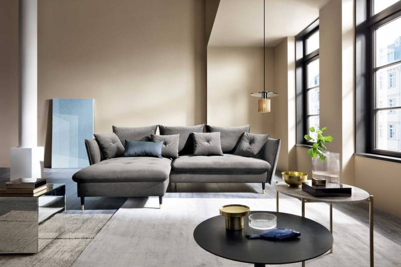 Goldstoff Ecksofa mit Schlaffunktion und Bettkasten, L-Form Schlafcouch, Schlafsofa, Sofa mit Bettfunktion, Inklusive Deko- und Rückenkissen von Goldstoff