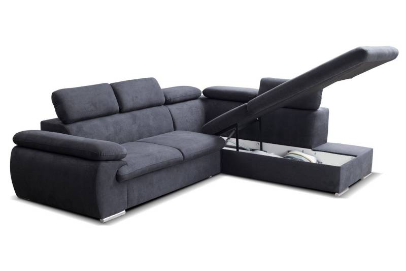 Goldstoff Ecksofa Schlafsofa mit Stauraum und verstellbaren Kopfstützen, 271×221 cm mit Bettkasten & verstellbaren Kopfstützen – Stauraum Ecksofa rechts von Goldstoff