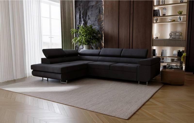 Goldstoff Ecksofa mit Schlaffunktion - Designersofa, Sofa mit Bettfunktion & Bettkasten, Schlafsofa RIVIA, multifunktionale Couch mit verstellbaren Kopfstützen in dunkelgrau von Goldstoff