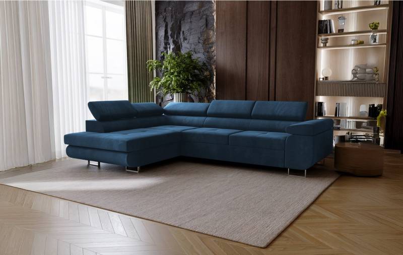 Goldstoff Ecksofa mit Schlaffunktion - Designersofa, Sofa mit Bettfunktion & Bettkasten, Schlafsofa RIVIA, multifunktionale Couch mit verstellbaren Kopfstützen in blau Goldstoff Ecksofa mit Schlaffunktion - Designersofa, Sofa mit Bettfunktion & Bettkasten, Schlafsofa RIVIA, multifunktionale Couch mit verstellbaren Kopfstützen in blau von Goldstoff