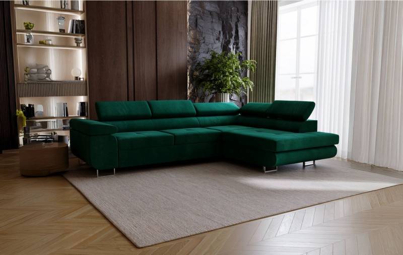 Goldstoff Ecksofa mit Schlaffunktion - Designersofa, Sofa mit Bettfunktion & Bettkasten, Schlafsofa RIVIA, multifunktionale Couch mit verstellbaren Kopfstützen in dunkelgrün von Goldstoff
