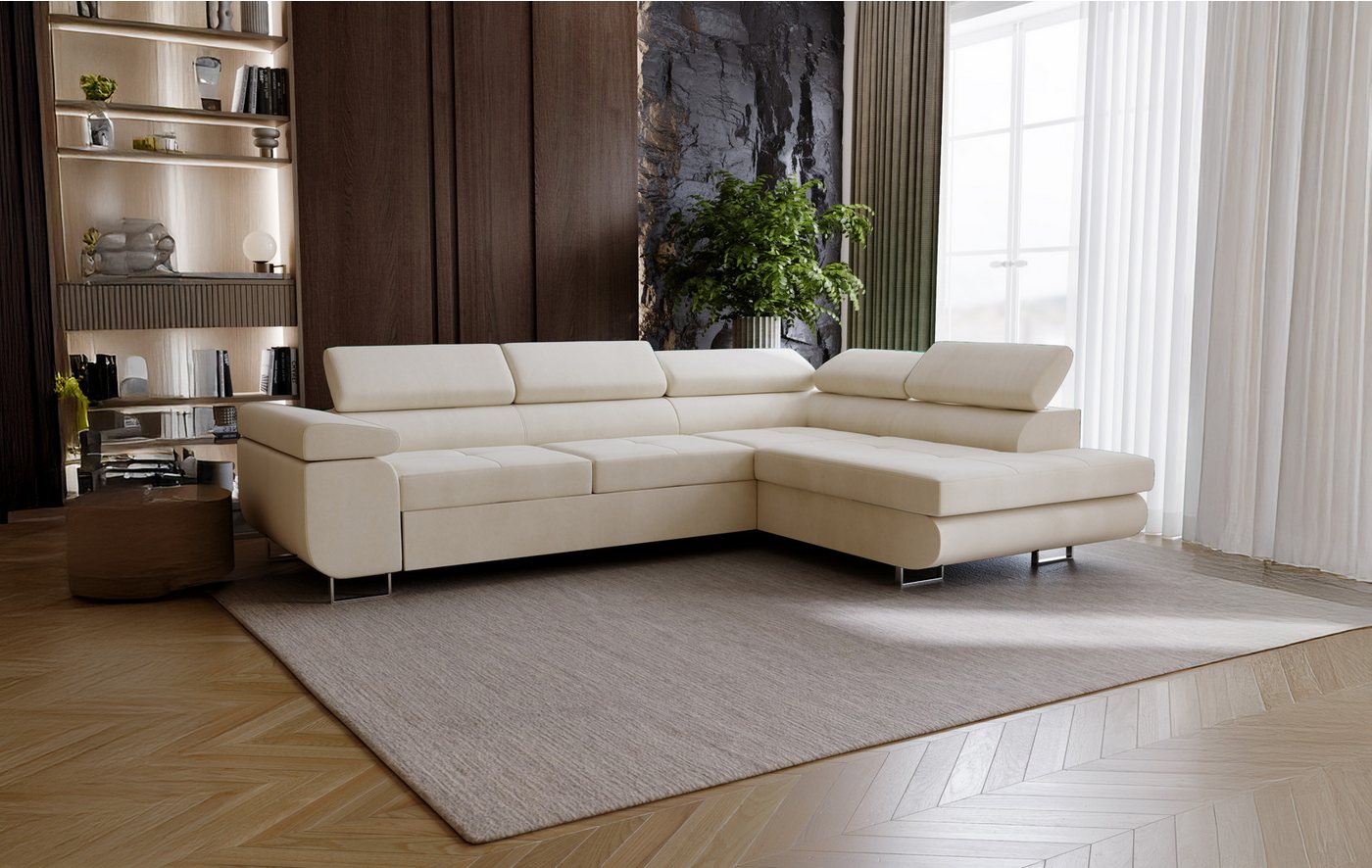 Goldstoff Ecksofa mit Schlaffunktion - Designersofa, Sofa mit Bettfunktion & Bettkasten, Schlafsofa RIVIA, multifunktionale Couch mit verstellbaren Kopfstützen in beige Goldstoff Ecksofa mit Schlaffunktion - Designersofa, Sofa mit Bettfunktion & Bettkasten, Schlafsofa RIVIA, multifunktionale Couch mit verstellbaren Kopfstützen in beige von Goldstoff