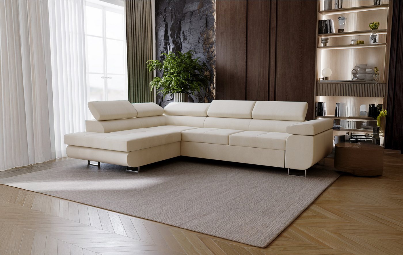 Goldstoff Ecksofa mit Schlaffunktion - Designersofa, Sofa mit Bettfunktion & Bettkasten, Schlafsofa RIVIA, multifunktionale Couch mit verstellbaren Kopfstützen in beige Goldstoff Ecksofa mit Schlaffunktion - Designersofa, Sofa mit Bettfunktion & Bettkasten, Schlafsofa RIVIA, multifunktionale Couch mit verstellbaren Kopfstützen in beige von Goldstoff