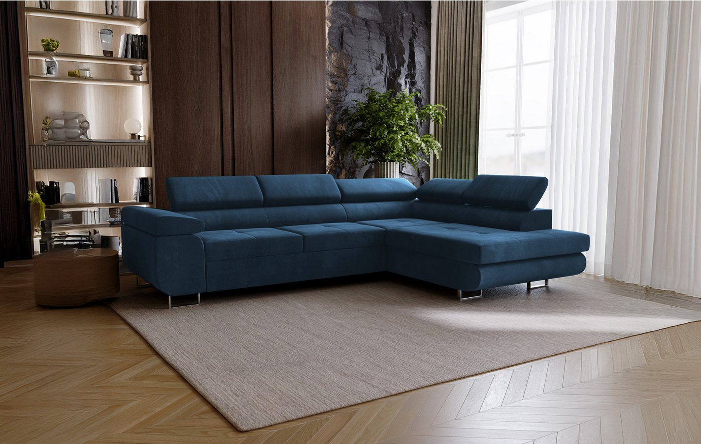 Goldstoff Ecksofa mit Schlaffunktion - Designersofa, Sofa mit Bettfunktion & Bettkasten, Schlafsofa RIVIA, multifunktionale Couch mit verstellbaren Kopfstützen in blau Goldstoff Ecksofa mit Schlaffunktion - Designersofa, Sofa mit Bettfunktion & Bettkasten, Schlafsofa RIVIA, multifunktionale Couch mit verstellbaren Kopfstützen in blau von Goldstoff