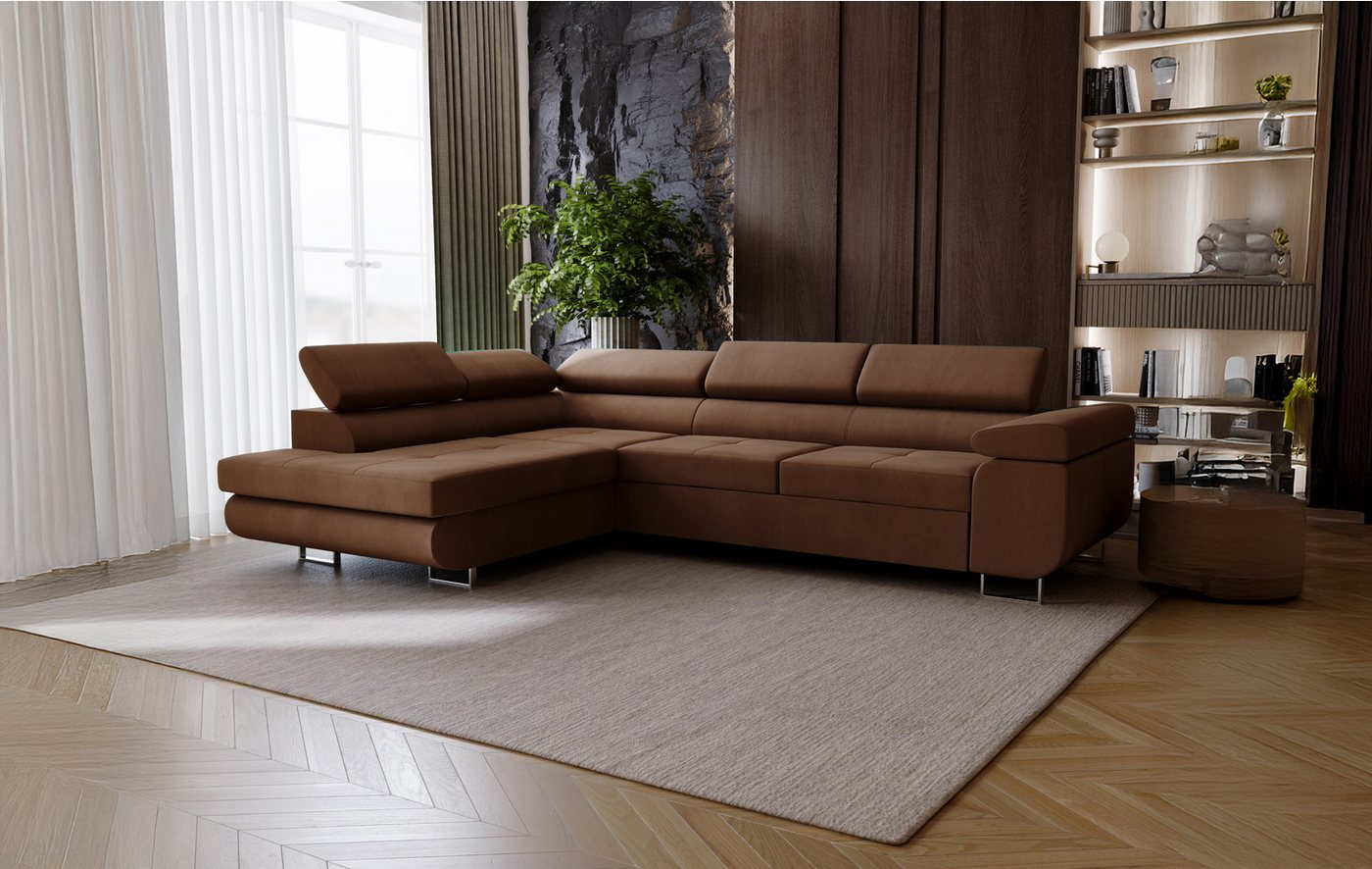 Goldstoff Ecksofa mit Schlaffunktion - Designersofa, Sofa mit Bettfunktion & Bettkasten, Schlafsofa RIVIA, multifunktionale Couch mit verstellbaren Kopfstützen in braun Goldstoff Ecksofa mit Schlaffunktion - Designersofa, Sofa mit Bettfunktion & Bettkasten, Schlafsofa RIVIA, multifunktionale Couch mit verstellbaren Kopfstützen in braun von Goldstoff