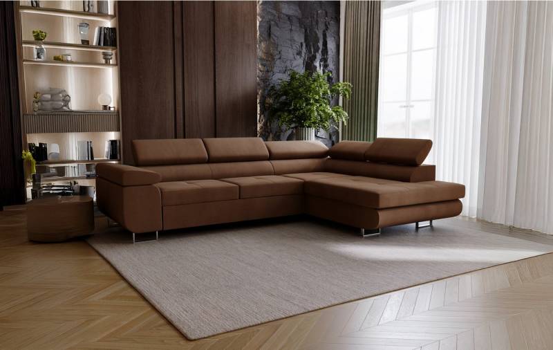 Goldstoff Ecksofa mit Schlaffunktion - Designersofa, Sofa mit Bettfunktion & Bettkasten, Schlafsofa RIVIA, multifunktionale Couch mit verstellbaren Kopfstützen in braun von Goldstoff