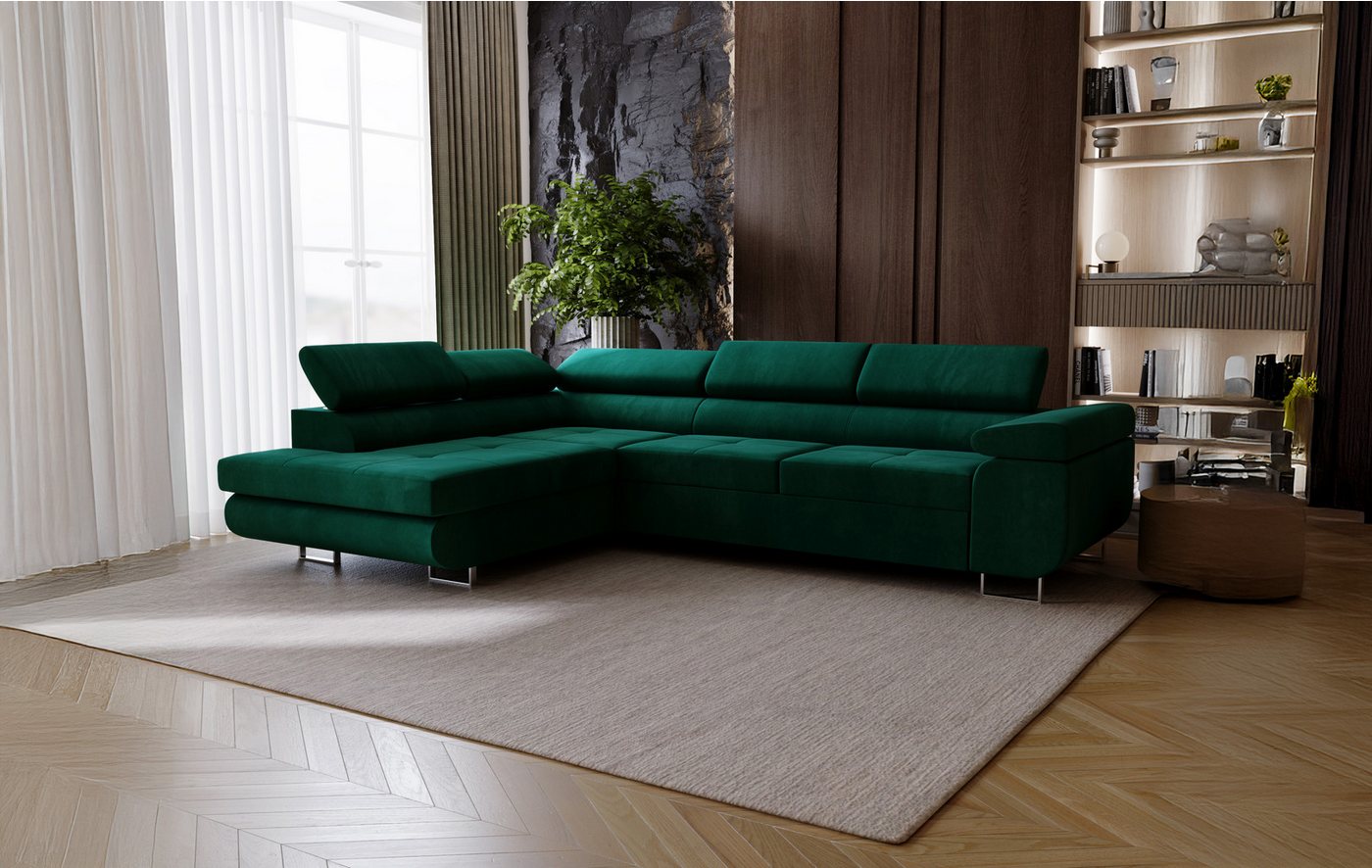 Goldstoff Ecksofa mit Schlaffunktion - Designersofa, Sofa mit Bettfunktion & Bettkasten, Schlafsofa RIVIA, multifunktionale Couch mit verstellbaren Kopfstützen in dunkelgrün Goldstoff Ecksofa mit Schlaffunktion - Designersofa, Sofa mit Bettfunktion & Bettkasten, Schlafsofa RIVIA, multifunktionale Couch mit verstellbaren Kopfstützen in dunkelgrün von Goldstoff