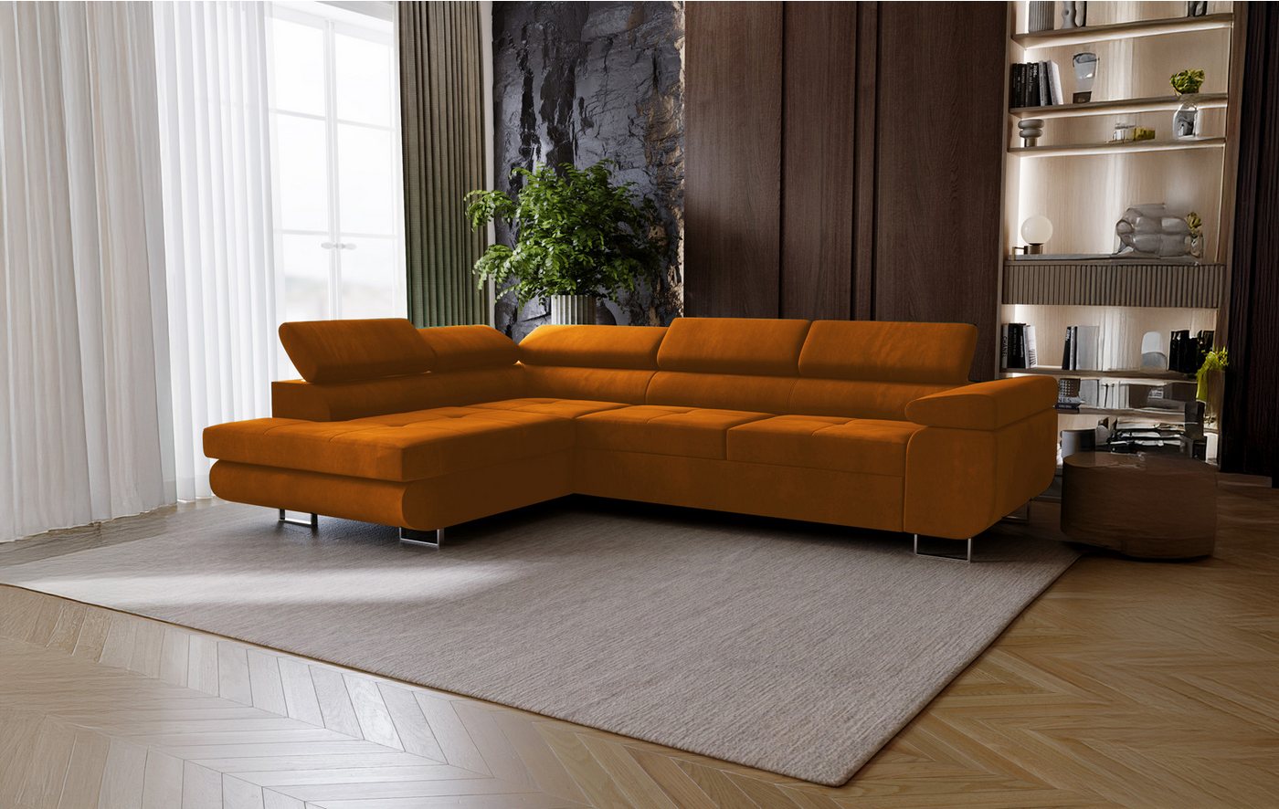 Goldstoff Ecksofa mit Schlaffunktion - Designersofa, Sofa mit Bettfunktion & Bettkasten, Schlafsofa RIVIA, multifunktionale Couch mit verstellbaren Kopfstützen in gold Goldstoff Ecksofa mit Schlaffunktion - Designersofa, Sofa mit Bettfunktion & Bettkasten, Schlafsofa RIVIA, multifunktionale Couch mit verstellbaren Kopfstützen in gold von Goldstoff