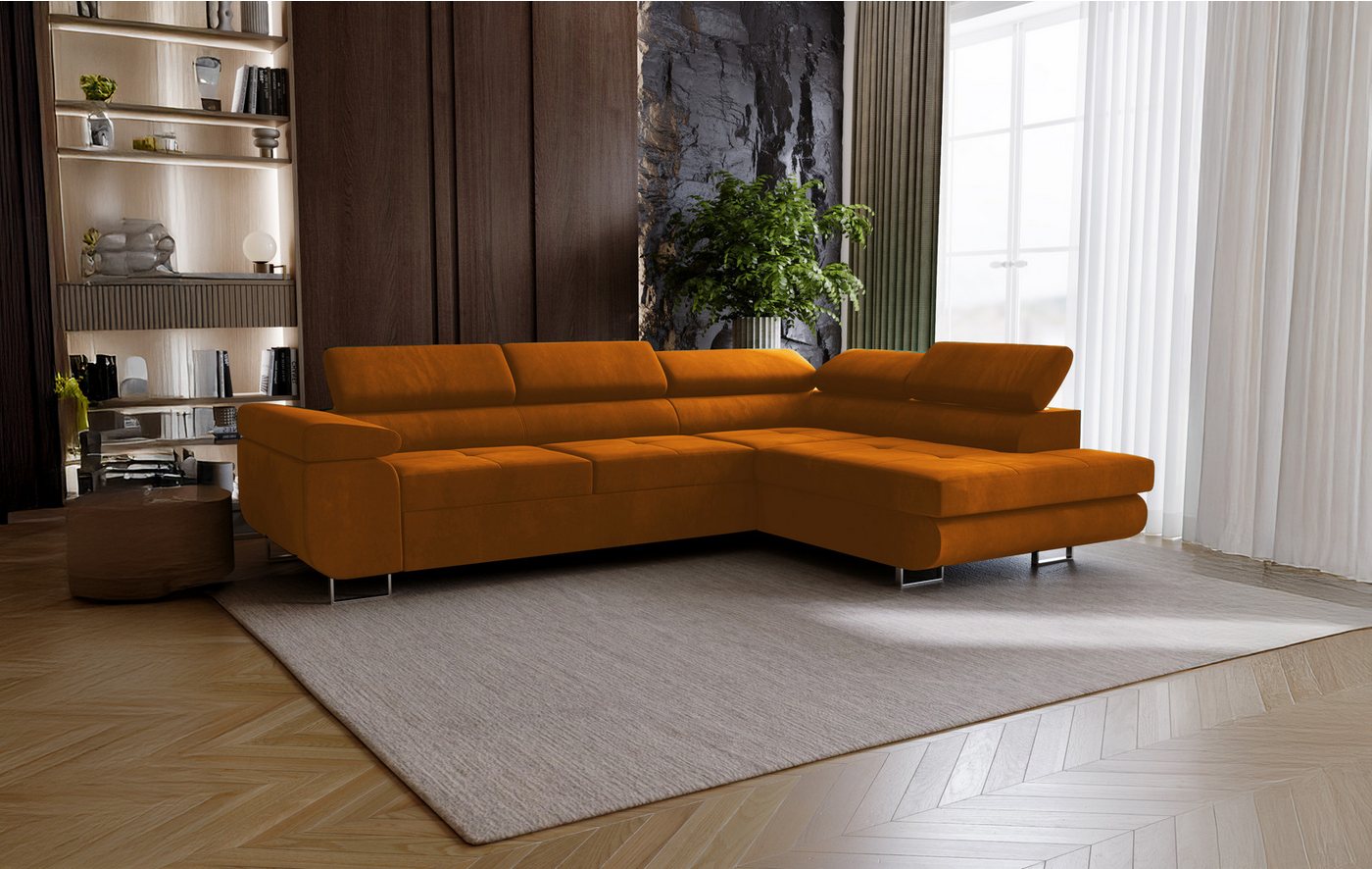 Goldstoff Ecksofa mit Schlaffunktion - Designersofa, Sofa mit Bettfunktion & Bettkasten, Schlafsofa RIVIA, multifunktionale Couch mit verstellbaren Kopfstützen in gold Goldstoff Ecksofa mit Schlaffunktion - Designersofa, Sofa mit Bettfunktion & Bettkasten, Schlafsofa RIVIA, multifunktionale Couch mit verstellbaren Kopfstützen in gold von Goldstoff