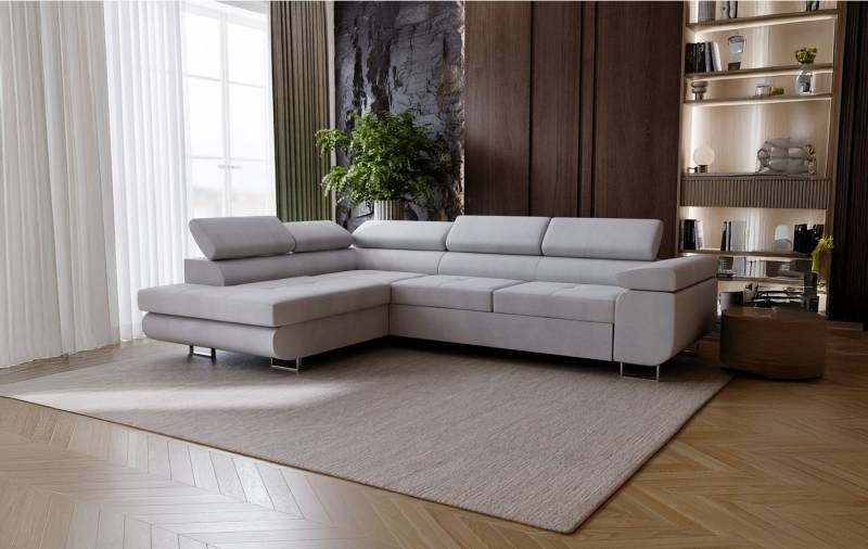 Goldstoff Ecksofa mit Schlaffunktion - Designersofa, Sofa mit Bettfunktion & Bettkasten, Schlafsofa RIVIA, multifunktionale Couch mit verstellbaren Kopfstützen in grau von Goldstoff