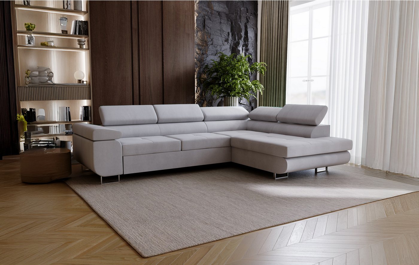 Goldstoff Ecksofa mit Schlaffunktion - Designersofa, Sofa mit Bettfunktion & Bettkasten, Schlafsofa RIVIA, multifunktionale Couch mit verstellbaren Kopfstützen in grau Goldstoff Ecksofa mit Schlaffunktion - Designersofa, Sofa mit Bettfunktion & Bettkasten, Schlafsofa RIVIA, multifunktionale Couch mit verstellbaren Kopfstützen in grau von Goldstoff