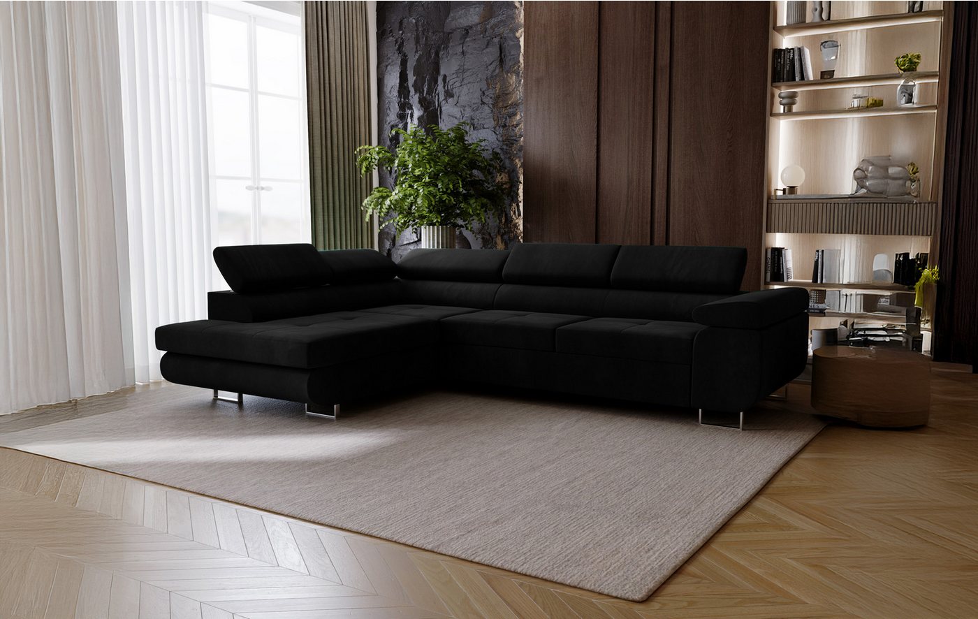 Goldstoff Ecksofa mit Schlaffunktion - Designersofa, Sofa mit Bettfunktion & Bettkasten, Schlafsofa RIVIA, multifunktionale Couch mit verstellbaren Kopfstützen in schwarz Goldstoff Ecksofa mit Schlaffunktion - Designersofa, Sofa mit Bettfunktion & Bettkasten, Schlafsofa RIVIA, multifunktionale Couch mit verstellbaren Kopfstützen in schwarz von Goldstoff