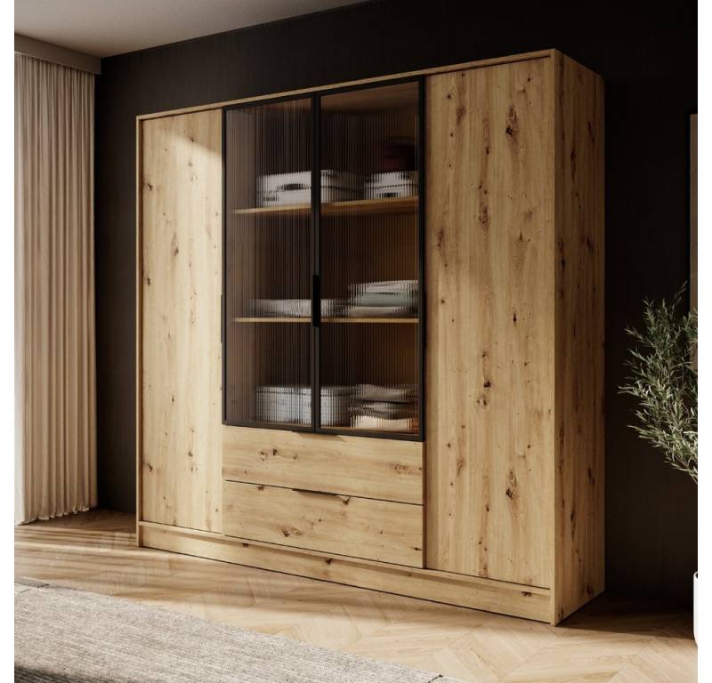 Goldstoff Kleiderschrank NADI – 220 cm breit 4-türiger Kleiderschrank (4 Farben, 4 Designs, mit oder ohne LED für Schlafzimmer & Garderobe) von Goldstoff