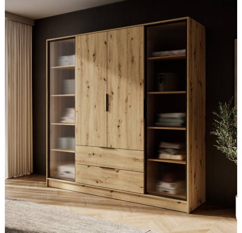 Goldstoff Kleiderschrank NADI – 220 cm breit 4-türiger Kleiderschrank (4 Farben, 4 Designs, mit oder ohne LED für Schlafzimmer & Garderobe) von Goldstoff