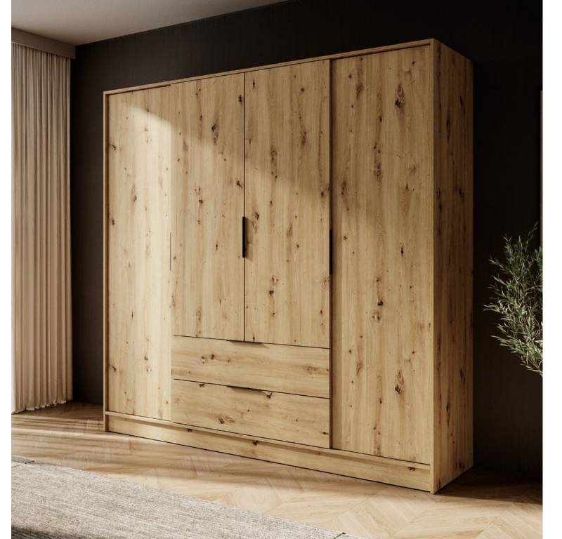 Goldstoff Kleiderschrank NADI – 220 cm breit 4-türiger Kleiderschrank (4 Farben, 4 Designs, mit oder ohne LED für Schlafzimmer & Garderobe) von Goldstoff