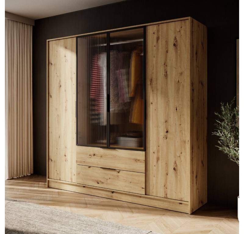 Goldstoff Kleiderschrank NADI – 220 cm breit 4-türiger Kleiderschrank (4 Farben, 4 Designs, mit oder ohne LED für Schlafzimmer & Garderobe) von Goldstoff