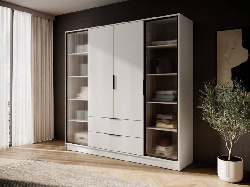 Goldstoff Kleiderschrank NADI – 220 cm breit 4-türiger Kleiderschrank (4 Farben, 4 Designs, mit oder ohne LED für Schlafzimmer & Garderobe) von Goldstoff