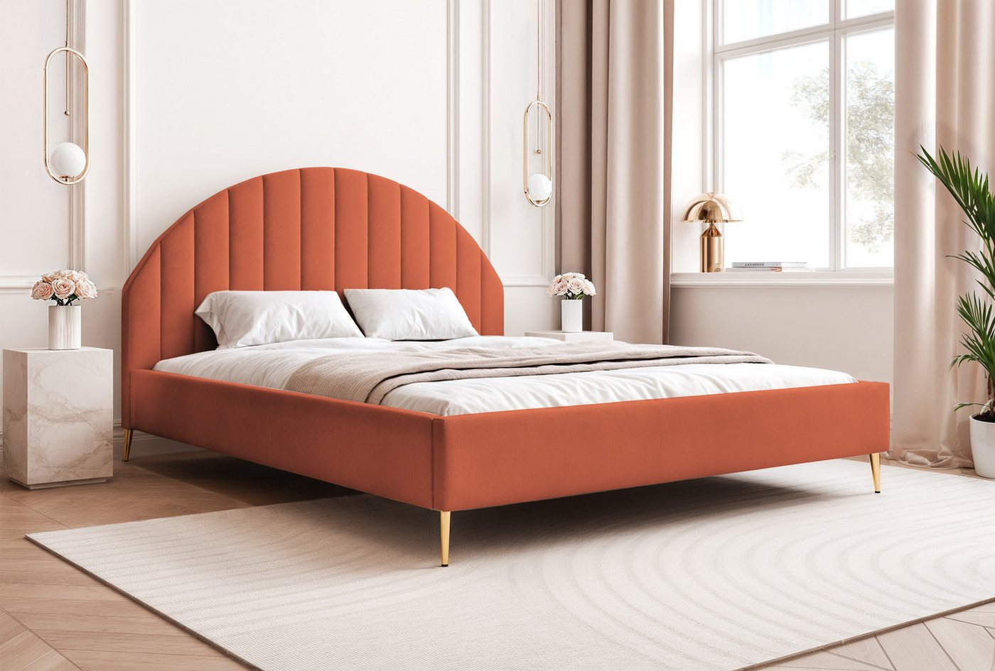 Goldstoff Polsterbett AURORA Bett mit hohem Kopfteil und elegantem Stauraumdesign, AURORA Bett mit hohem Stauraum und elegantem Rundkopfteil Goldstoff Polsterbett AURORA Bett mit hohem Kopfteil und elegantem Stauraumdesign, AURORA Bett mit hohem Stauraum und elegantem Rundkopfteil von Goldstoff