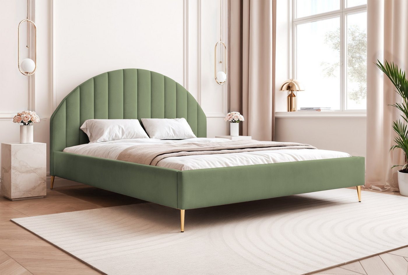 Goldstoff Polsterbett AURORA Bett mit Kopfteil - elegantes Stauraumbett, (von 120 bis 200x200 cm), modernes Doppelbett mit Stauraum von Goldstoff