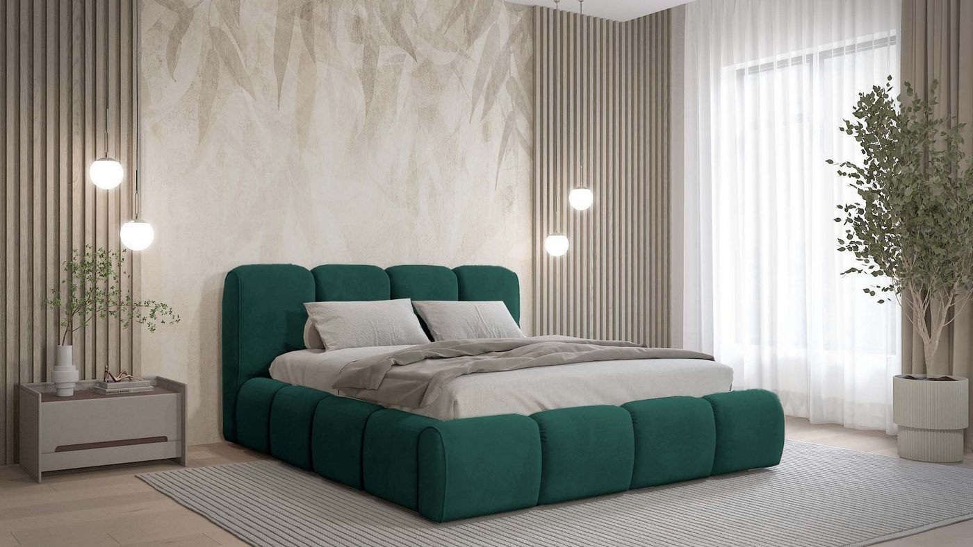 Goldstoff Polsterbett BELTANE - Rahmenbettgestell, mit Bettkasten und Lattenrost, Doppelbett (Design Bett), Inkl. Bettkasten, mit gepolstertem Kopfteil von Goldstoff