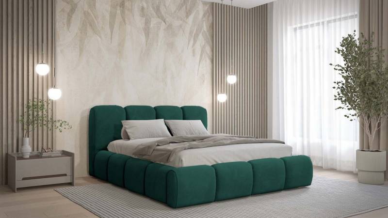 Goldstoff Polsterbett BELTANE - Rahmenbettgestell, mit Bettkasten und Lattenrost, Doppelbett (Design Bett), Inkl. Bettkasten, mit gepolstertem Kopfteil von Goldstoff