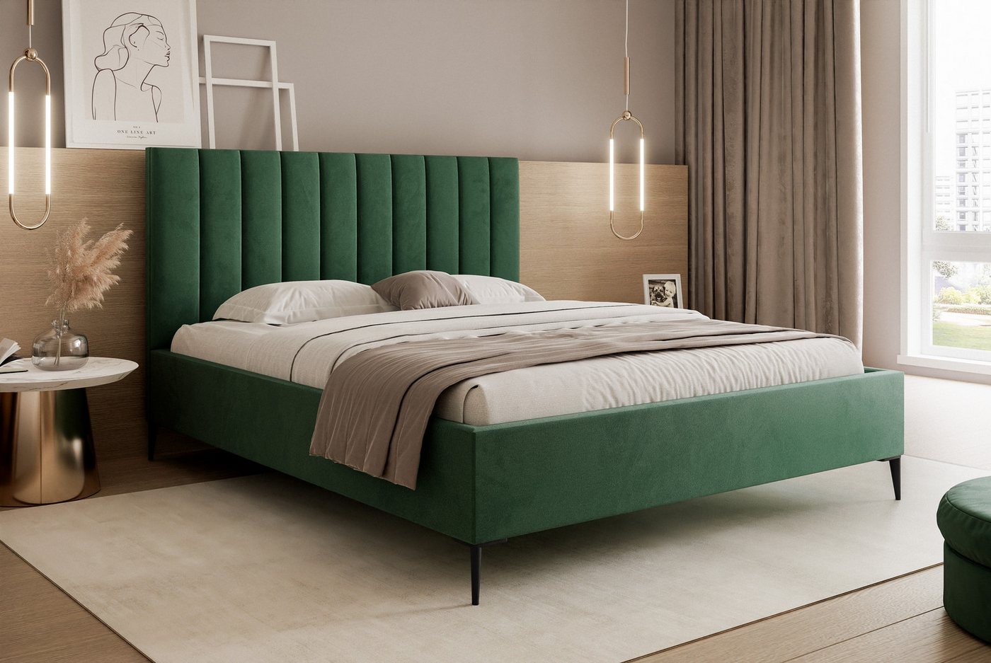 Goldstoff Polsterbett Elegantes Bett mit hohem Kopfteil & Stauraum für Schlafzimmer, Modernes Bett mit Stauraum & gepolstertem Kopfteil in elegantem Design von Goldstoff