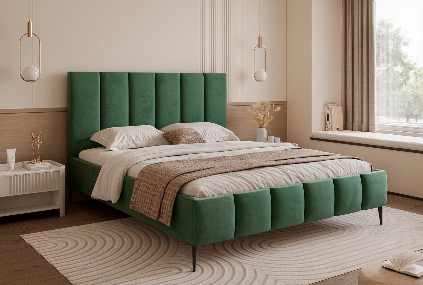 Goldstoff Polsterbett Elegantes Bett mit hohem Kopfteil und praktischem Stauraum, Modernes Schlafbett mit praktischem Stauraum und elegantem Kopfteil von Goldstoff