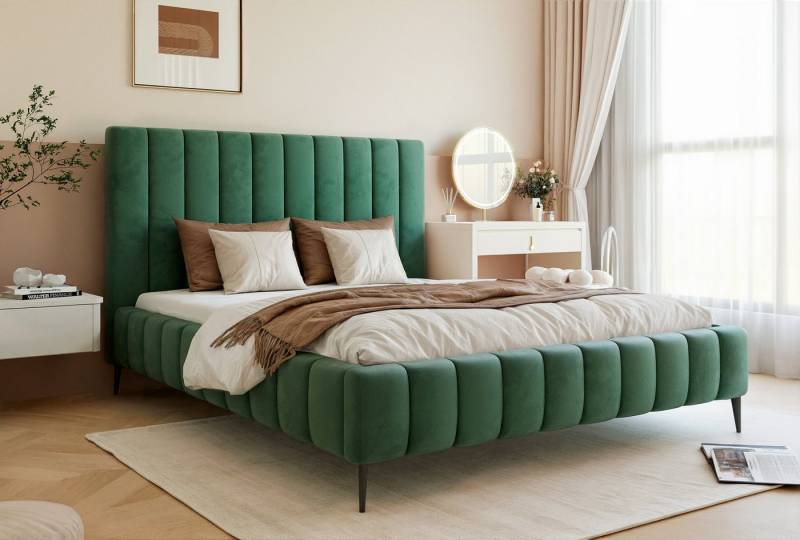 Goldstoff Polsterbett Luxuriöses Bett mit hohem Kopfteil und praktischem Stauraum, Luxuriöses Schlafzimmerbett mit hohem Kopfteil und Stauraumfach Goldstoff Polsterbett Luxuriöses Bett mit hohem Kopfteil und praktischem Stauraum, Luxuriöses Schlafzimmerbett mit hohem Kopfteil und Stauraumfach von Goldstoff