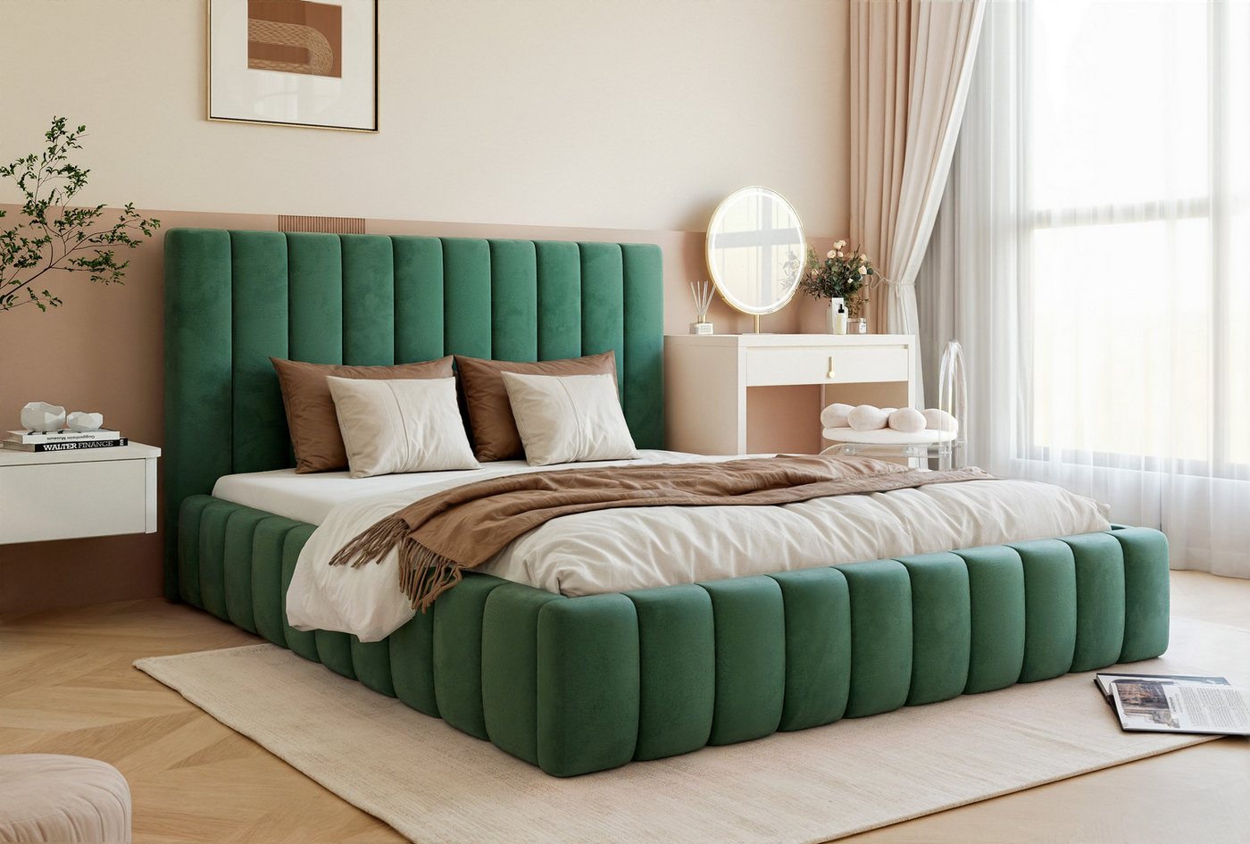 Goldstoff Polsterbett Luxuriöses Schlafzimmerbett mit elegantem Kopfteil & Stauraum (Modernes Design, vertikal gesteppte Polsterung, großzügiger Stauraum), Luxuriöses Bettgestell mit großem Stauraum und modernem Design von Goldstoff