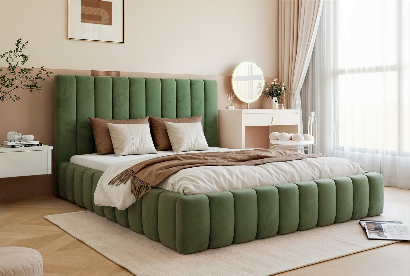 Goldstoff Polsterbett Luxuriöses Schlafzimmerbett mit elegantem Kopfteil & Stauraum (Modernes Design, vertikal gesteppte Polsterung, großzügiger Stauraum), Luxuriöses Bettgestell mit großem Stauraum und modernem Design von Goldstoff