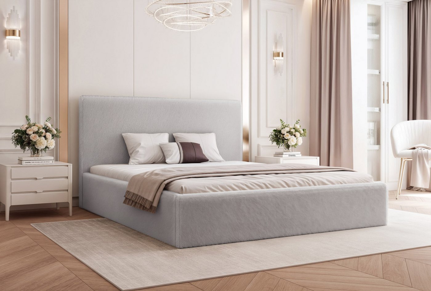 Goldstoff Polsterbett Modernes Bett LUMINA mit großem Stauraum und gepolstertem Rahmen (120–200x200 cm, Kopfteilhöhe 70/110 cm), Elegantes Stauraumbett mit gepolstertem Kopfteil und Holzrahmen von Goldstoff