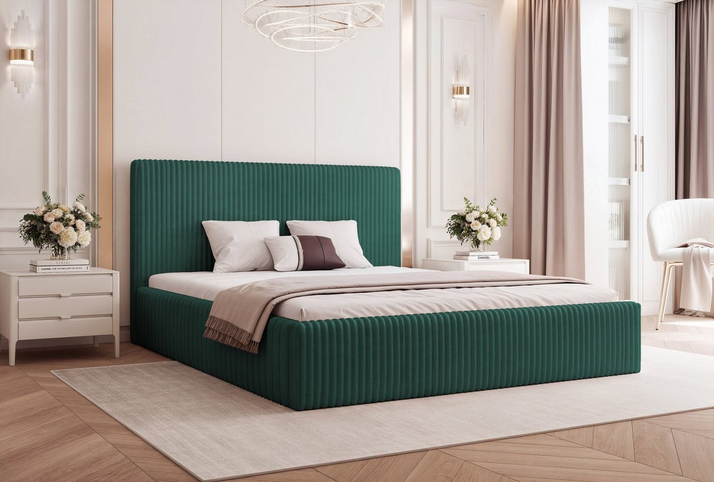 Goldstoff Polsterbett Modernes Bett LUMINA mit großem Stauraum und gepolstertem Rahmen (120–200x200 cm, Kopfteilhöhe 70/110 cm), Elegantes Stauraumbett mit gepolstertem Kopfteil und Holzrahmen von Goldstoff