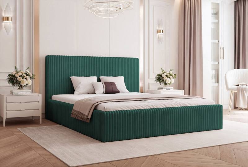 Goldstoff Polsterbett Modernes Bett LUMINA mit großem Stauraum und gepolstertem Rahmen (120–200x200 cm, Kopfteilhöhe 70/110 cm), Elegantes Stauraumbett mit gepolstertem Kopfteil und Holzrahmen von Goldstoff