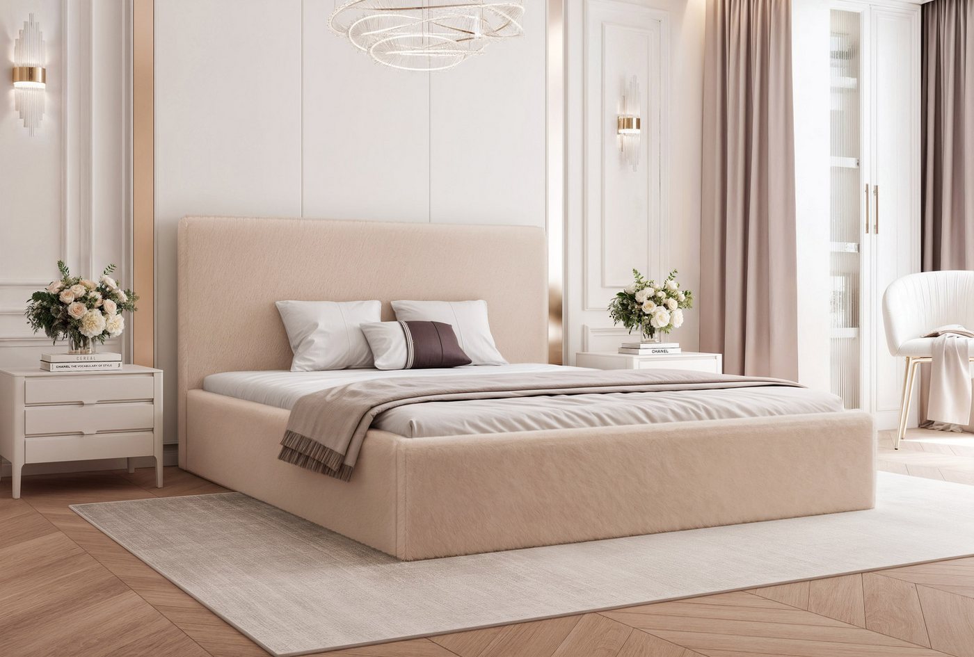 Goldstoff Polsterbett Modernes Bett LUMINA mit großem Stauraum und gepolstertem Rahmen (120–200x200 cm, Kopfteilhöhe 70/110 cm), Elegantes Stauraumbett mit gepolstertem Kopfteil und Holzrahmen von Goldstoff