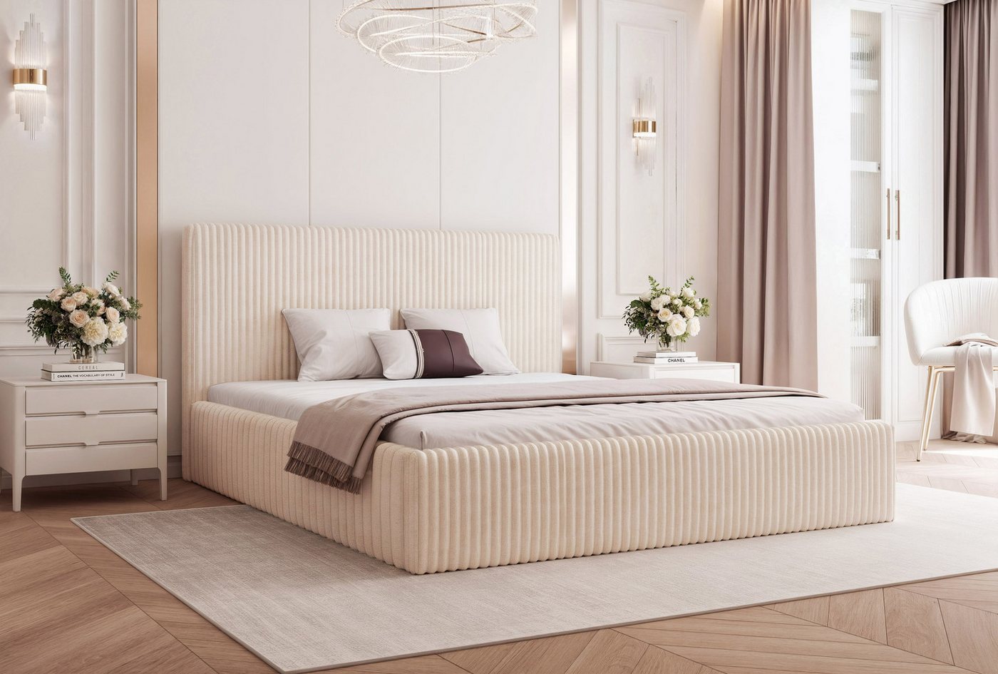 Goldstoff Polsterbett Modernes Bett LUMINA mit großem Stauraum und gepolstertem Rahmen (120–200x200 cm, Kopfteilhöhe 70/110 cm), Elegantes Stauraumbett mit gepolstertem Kopfteil und Holzrahmen von Goldstoff