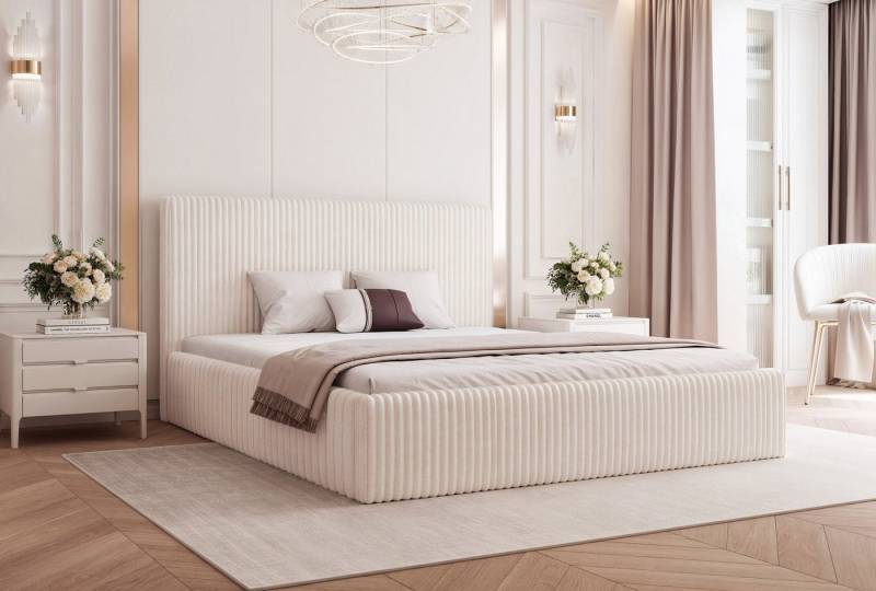 Goldstoff Polsterbett Modernes Bett LUMINA mit großem Stauraum und gepolstertem Rahmen (120–200x200 cm, Kopfteilhöhe 70/110 cm), Elegantes Stauraumbett mit gepolstertem Kopfteil und Holzrahmen von Goldstoff