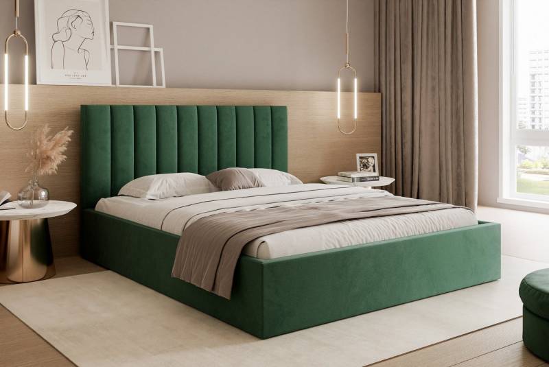 Goldstoff Polsterbett mit Stauraum und elegant gestepptem Kopfteil - Modernes Bett (von 120x200 bis 200x200 cm), Elegantes Bett mit Bettkasten und gepolstertem Kopfteil von Goldstoff