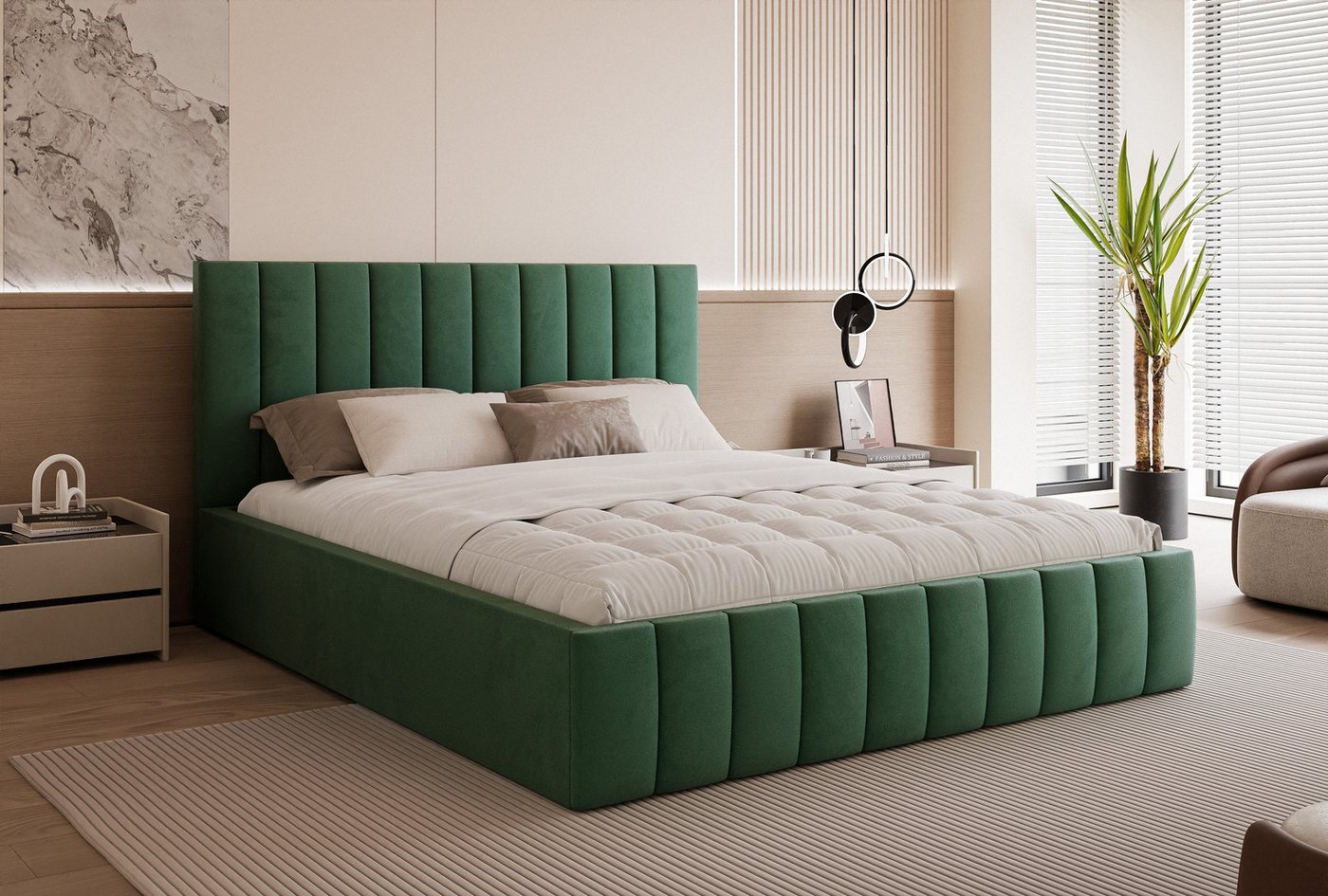 Goldstoff Polsterbett Modernes Bett mit Stauraum und elegantem Kopfteil, Elegantes Bett mit Bettkasten und gepolstertem Kopfteil von Goldstoff